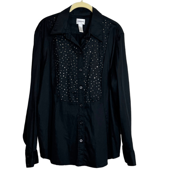 Chicos Womens Blouse Size XL Black Long Sleeve Button Up Collared Bling Bodice - Picture 1 of 5